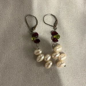 Garnet, peridot, and freshwater pearl earrings